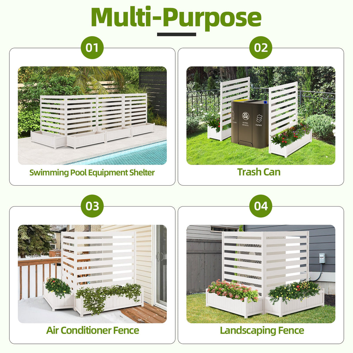 EROMMY 2-Pack No-Dig Privacy Fence Planter, Wood Outdoor Screen Air Conditioner Fence for AC Unit, Trash & Flower Bed, Weather-Resistant, 36" W x 45" H, White