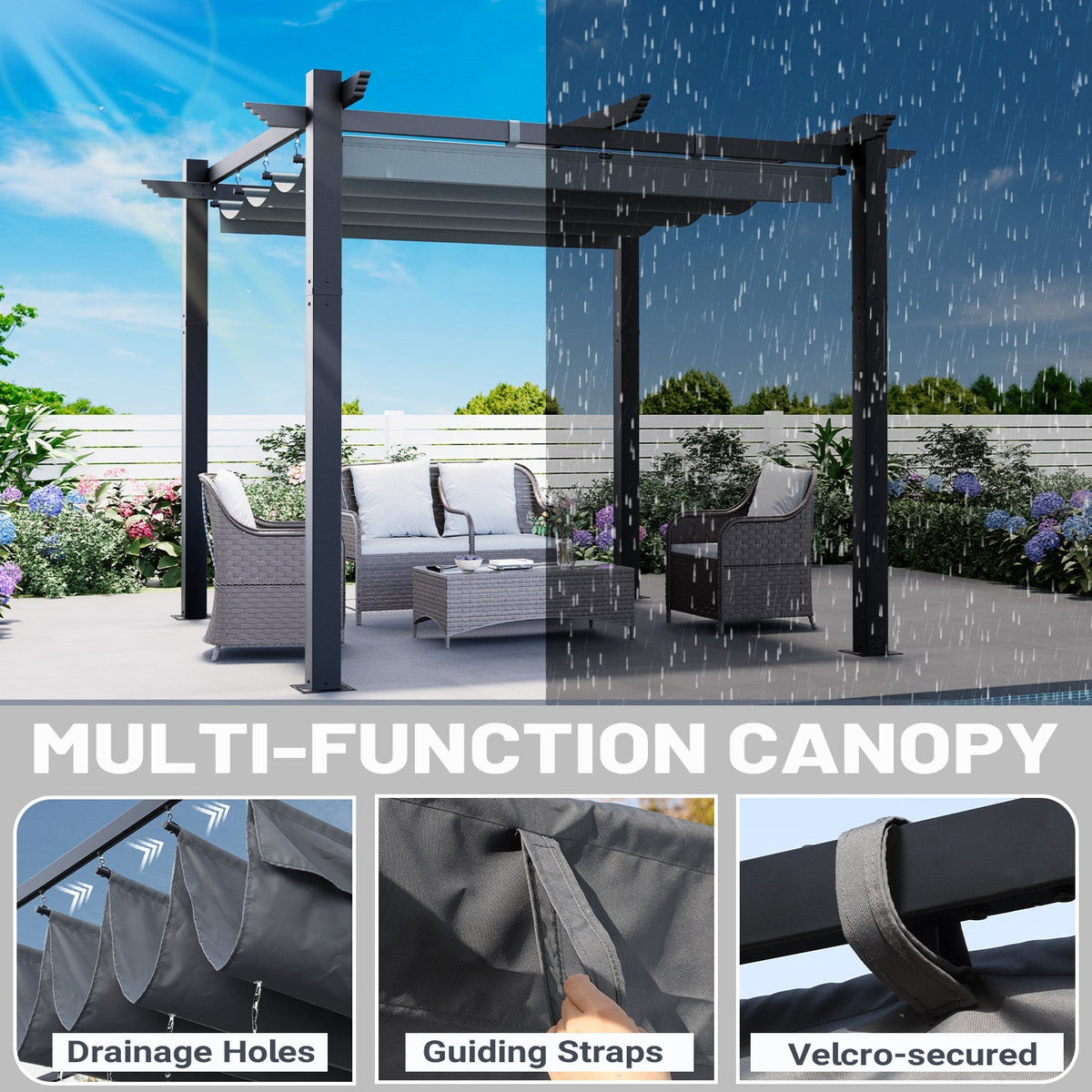 EROMMY Retractable Pergola 10x10 Ft, Upgraded Sun Shade with Waterproof Canopy, Durable Metal Patio Shelter with Magnetic Attachment for Backyard Garden Deck (Gary)