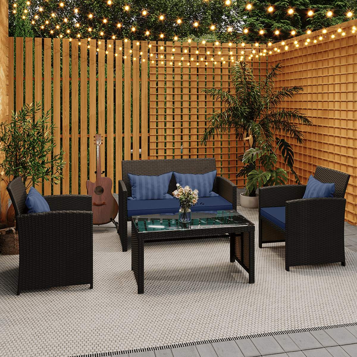 EROMMY 4-Piece Patio Furniture Set, Outdoor Wicker Patio Conversation Set with Cushions, Sofa & Glass Coffee Table, Navy Blue