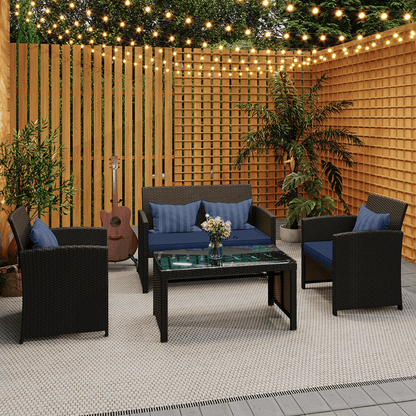 EROMMY 4-Piece Patio Furniture Set, Outdoor Wicker Patio Conversation Set with Cushions, Sofa & Glass Coffee Table, Navy Blue