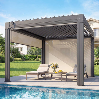 EROMMY 10' x 12' Louvered Pergola with Pull-Down Screens, Aluminum Outdoor Pergola with Retractable Roof for Patios, Decks & Backyards, Black
