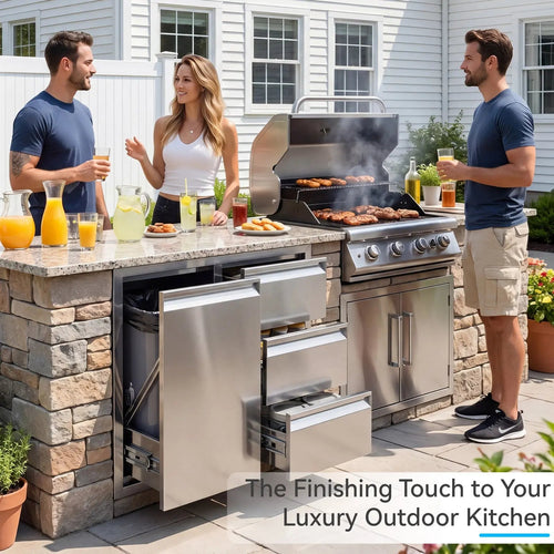 EROMMY Outdoor Kitchen Drawer and Trash Bin Combo - 28"Wx20"Dx23"H Built-in 304 Stainless Steel Cabinet with Triple Drawers & Pull-Out Trash Drawer, Silver