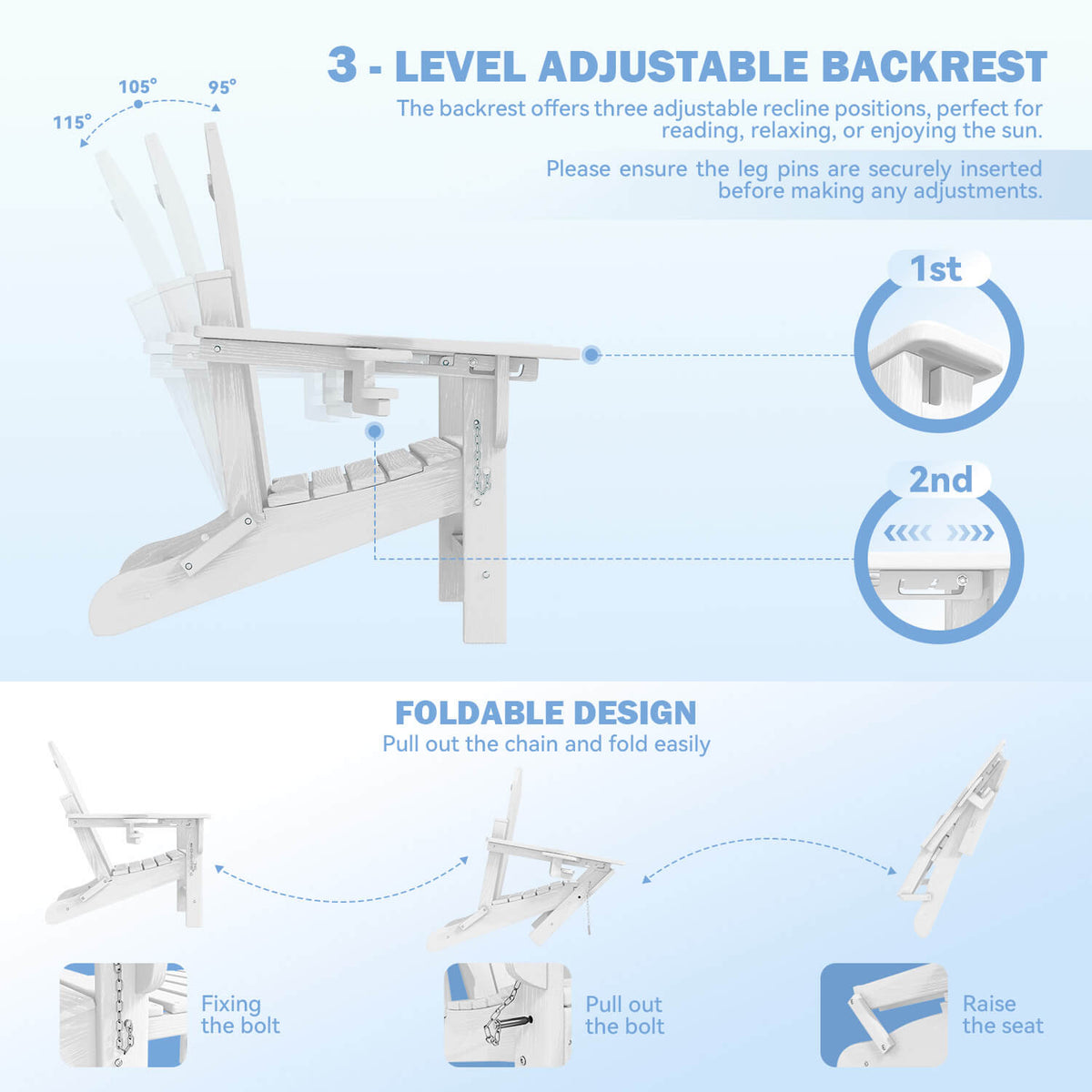 EROMMY 3-Level  Adjustable Adirondack Chair with Retractable Ottoman, Folding HDPE Outdoor Chair with Cup Holders, White