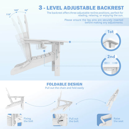 EROMMY 3-Level  Adjustable Adirondack Chair with Retractable Ottoman, Folding HDPE Outdoor Chair with Cup Holders, White
