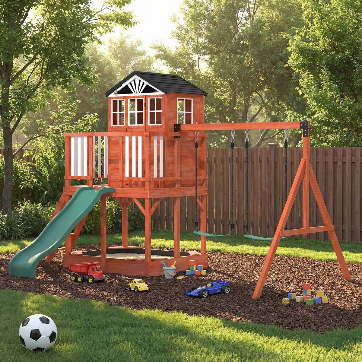 EROMMY Kids Outdoor Wooden Swing Set with Elevated Playhouse, Wave Slide, Belt Swings and Sandbox
