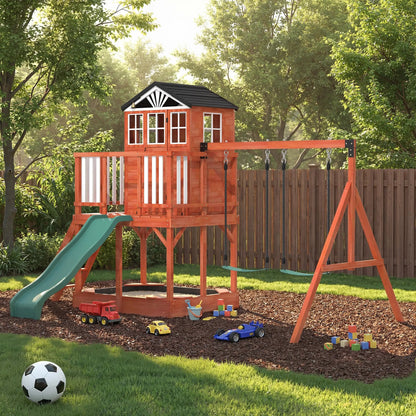 EROMMY Kids Outdoor Wooden Swing Set with Elevated Playhouse, Wave Slide, Belt Swings and Sandbox