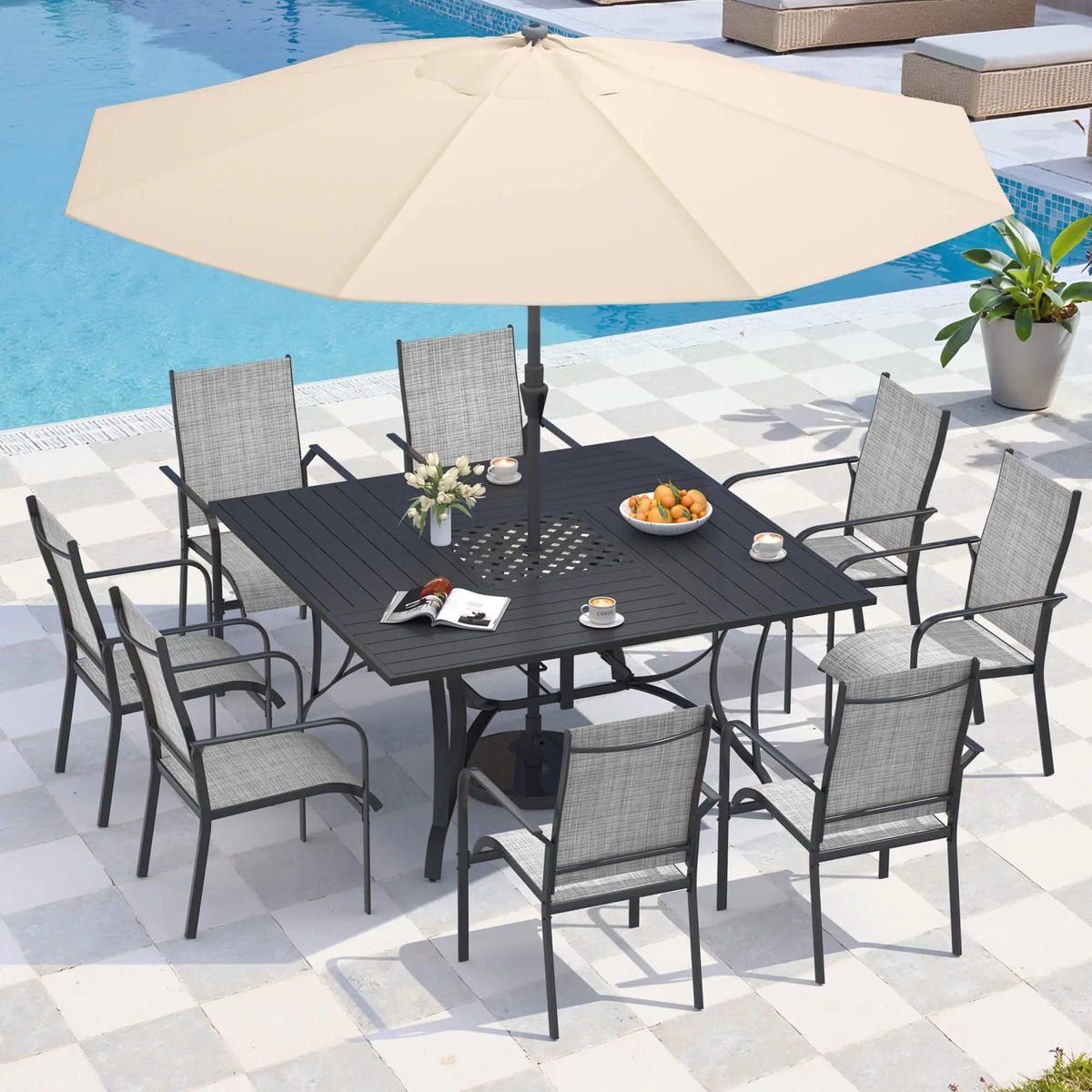 EROMMY 9 Piece Patio Dining Set, Outdoor Dining Table And Chairs Set For 8, 8 PVC-coated polyester Chairs, 1 Iron Square Table With Adjustable Umbrella Hole (1.57"-1.97"), Gray