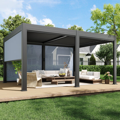 EROMMY 12' x 16' Outdoor Pergola with LED Lights, Aluminum Gazebo with Motorized Louvers & Side Screens for Patio, Backyard & Poolside, Black (Ship Before November)