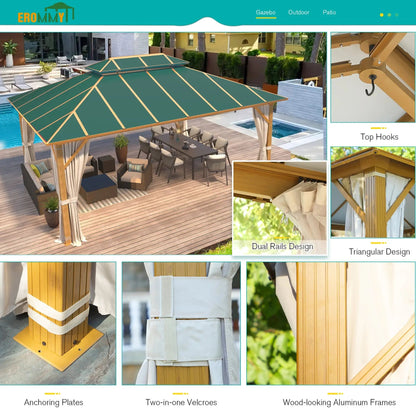 EROMMY 12X16 Gazebo with Wooden Grain Coated Aluminum Frame