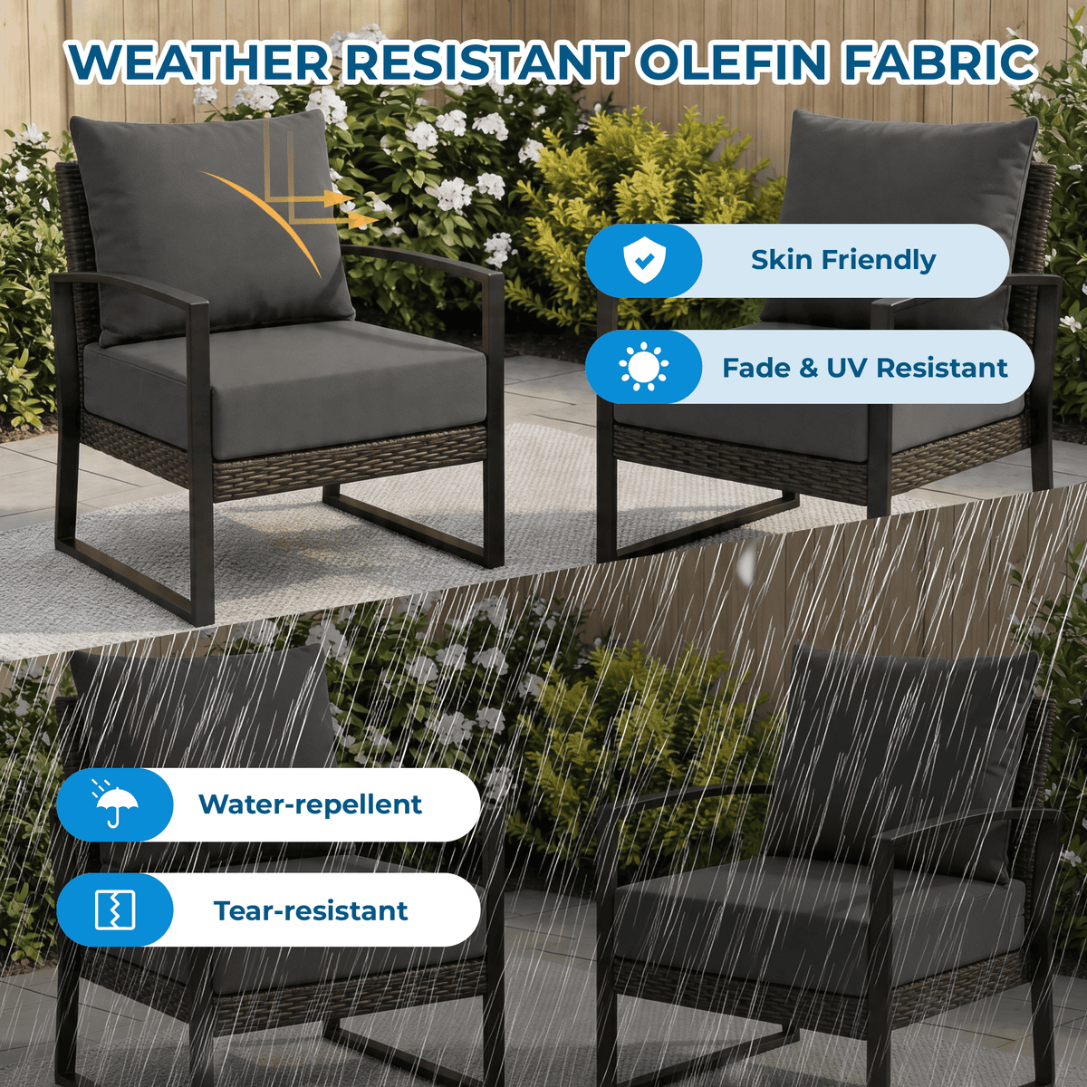 EROMMY Patio Furniture Cushions with Handle and Ties, Waterproof, Fade-resistant Outdoor Couch Cushion, Chair Pads for Dining Chairs, Gray