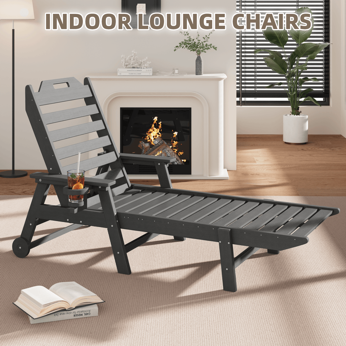 EROMMY 24" W Oversized Chaise Lounge Chairs Set of 2, Adjustable HDPE Outdoor Chairs with Wheels & Cup Holder, Dark Grey