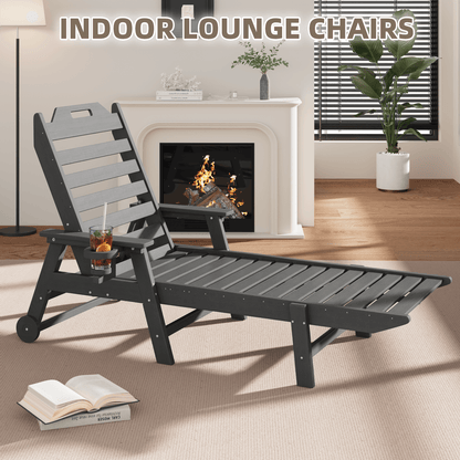 EROMMY 24" W Oversized Chaise Lounge Chairs Set of 2, Adjustable HDPE Outdoor Chairs with Wheels & Cup Holder, Dark Grey