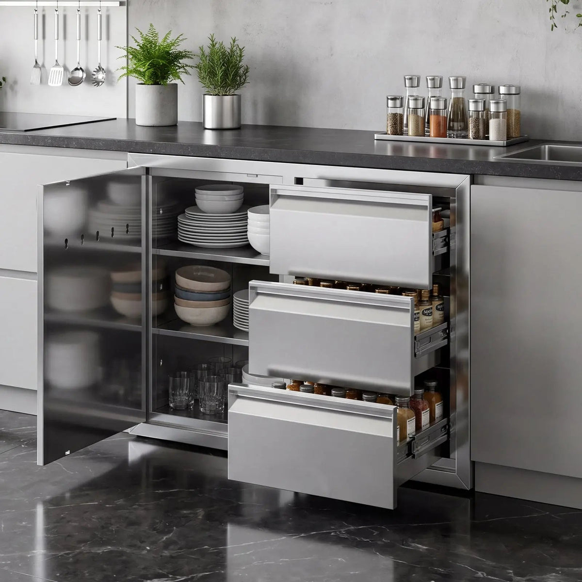 EROMMY Outdoor Kitchen Drawer and Trash Bin Combo - 28"Wx20"Dx23"H Built-in 304 Stainless Steel Cabinet with Triple Drawers & Pull-Out Trash Drawer, Silver