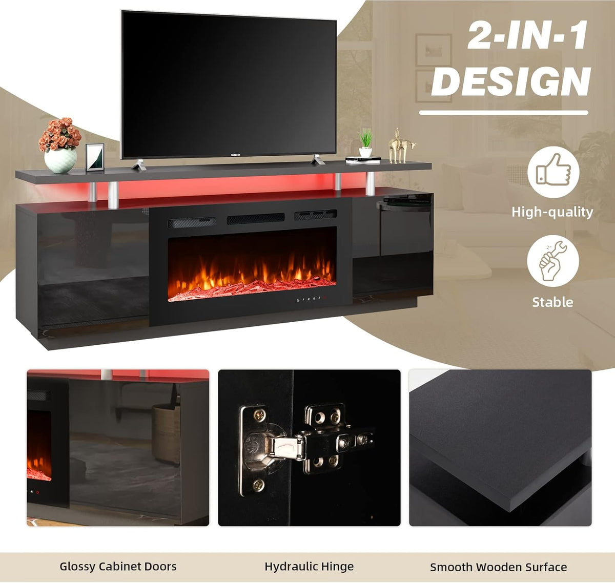 EROMMY 70 Inch TV Stand Entertainment Center, Black – Fireplace Not Included