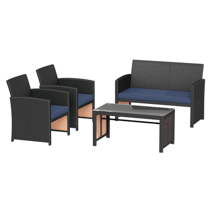 EROMMY 4-Piece Patio Furniture Set, Outdoor Wicker Patio Conversation Set with Cushions, Sofa & Glass Coffee Table, Navy Blue