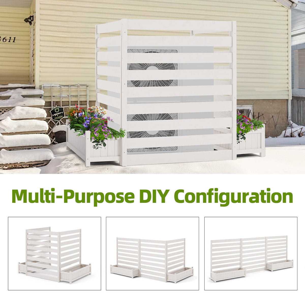 EROMMY 3 Panels No-Dig AC Unit Privacy Fence with Planter Box, 33" W x 39" H, Durable Outdoor Wood Screen to Hide AC & Trash with Floral Bed White