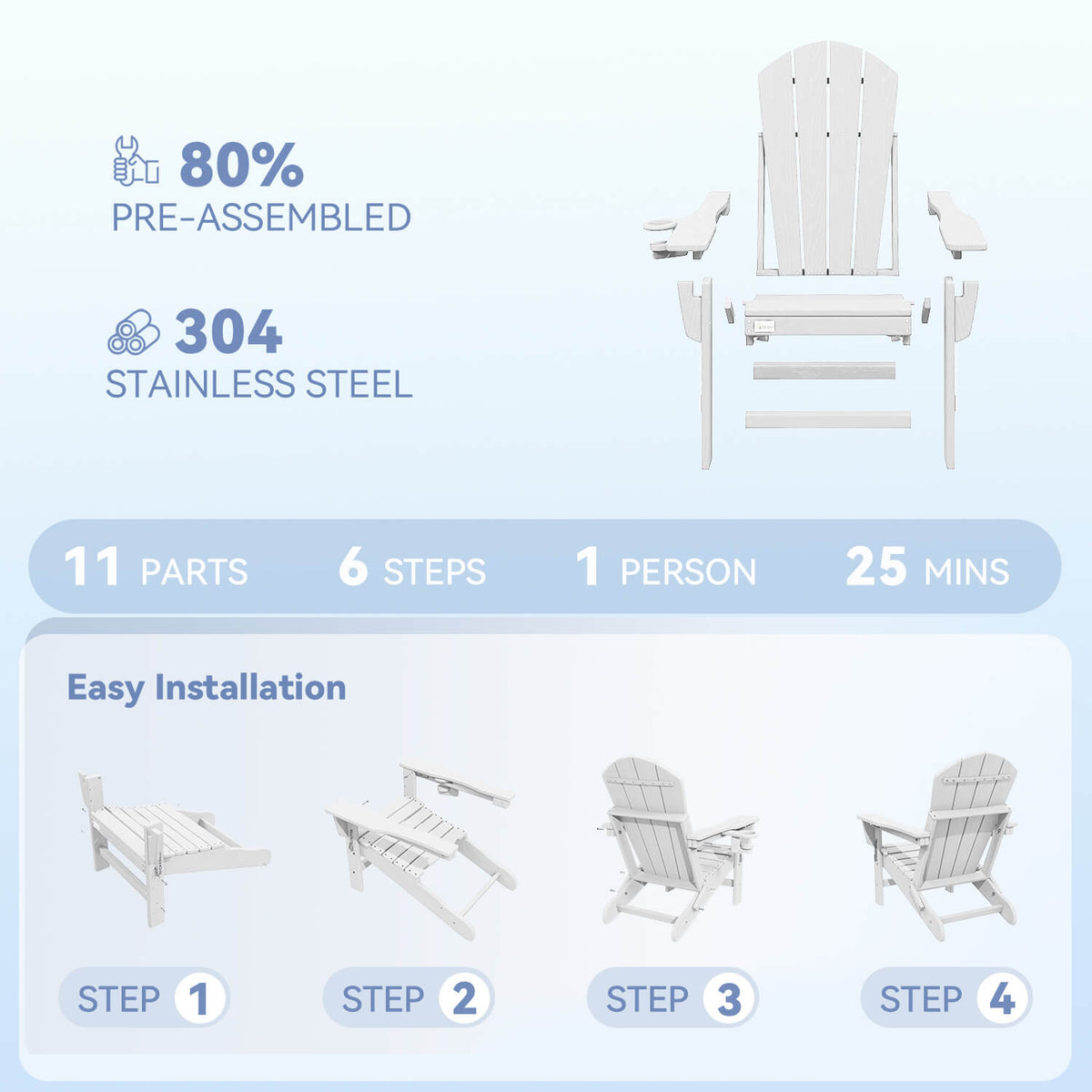 EROMMY 3-Position Adjustable Adirondack Chairs Set of 4, 400LBS HDPE Folding Outdoor Chairs with Cup Holder, White