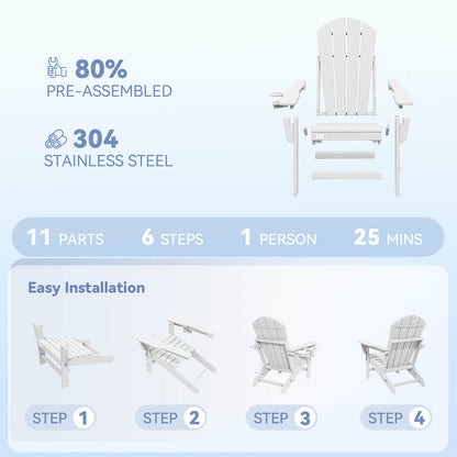 EROMMY 3-Position Adjustable Adirondack Chairs Set of 4, 400LBS HDPE Folding Outdoor Chairs with Cup Holder, White