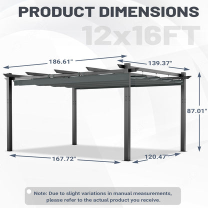 EROMMY Retractable Pergola 12x16 Ft, Outdoor Aluminum Shelter with Dual Adjustable Sun Shade Canopy for Patio Backyard, Locking System Includes Straps & Screws (Gray)