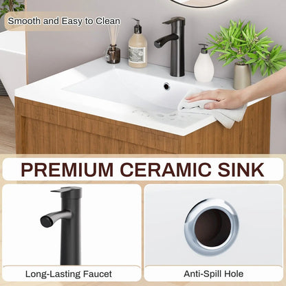 EROMMY 24 Inch Bathroom Vanity with Sink, Floating Bathroom Vanity with 2 Large Storage Drawers, Wood Grain Wall Mounted Bathroom Cabinet, Walnut