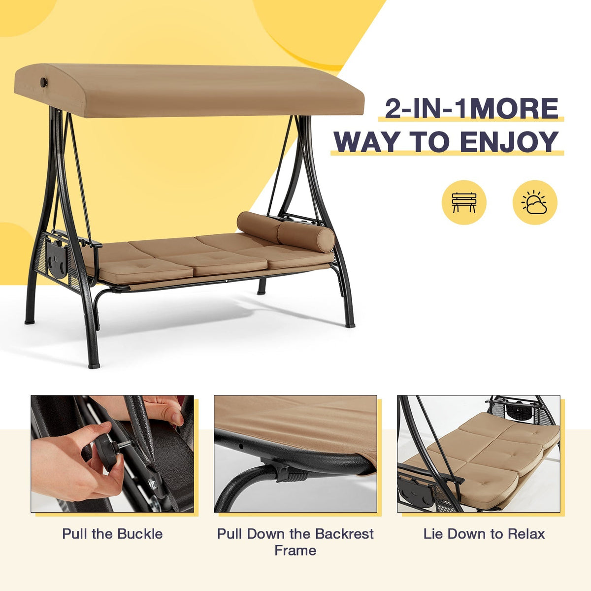 EROMMY 3-Seat Outdoor Porch Swing with Adjustable Canopy and Backrest, Brown