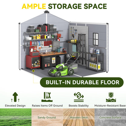 8x8 FT Outdoor Storage Shed, Weather-Resistant Shed with Lockable Double Doors & Built-In Floor, Sloped Roof Outdoor Shed for Backyard, Patio & Lawn, Gray