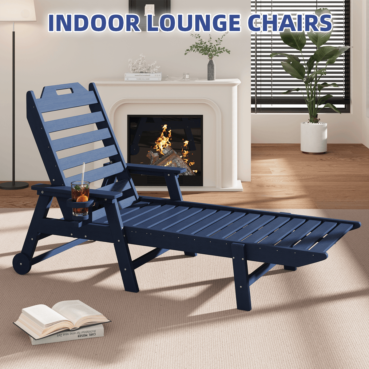 EROMMY 22" W Oversized Chaise Lounge Chairs, Adjustable HDPE Outdoor Chairs with Wheels & Cup Holder, Navy Blue