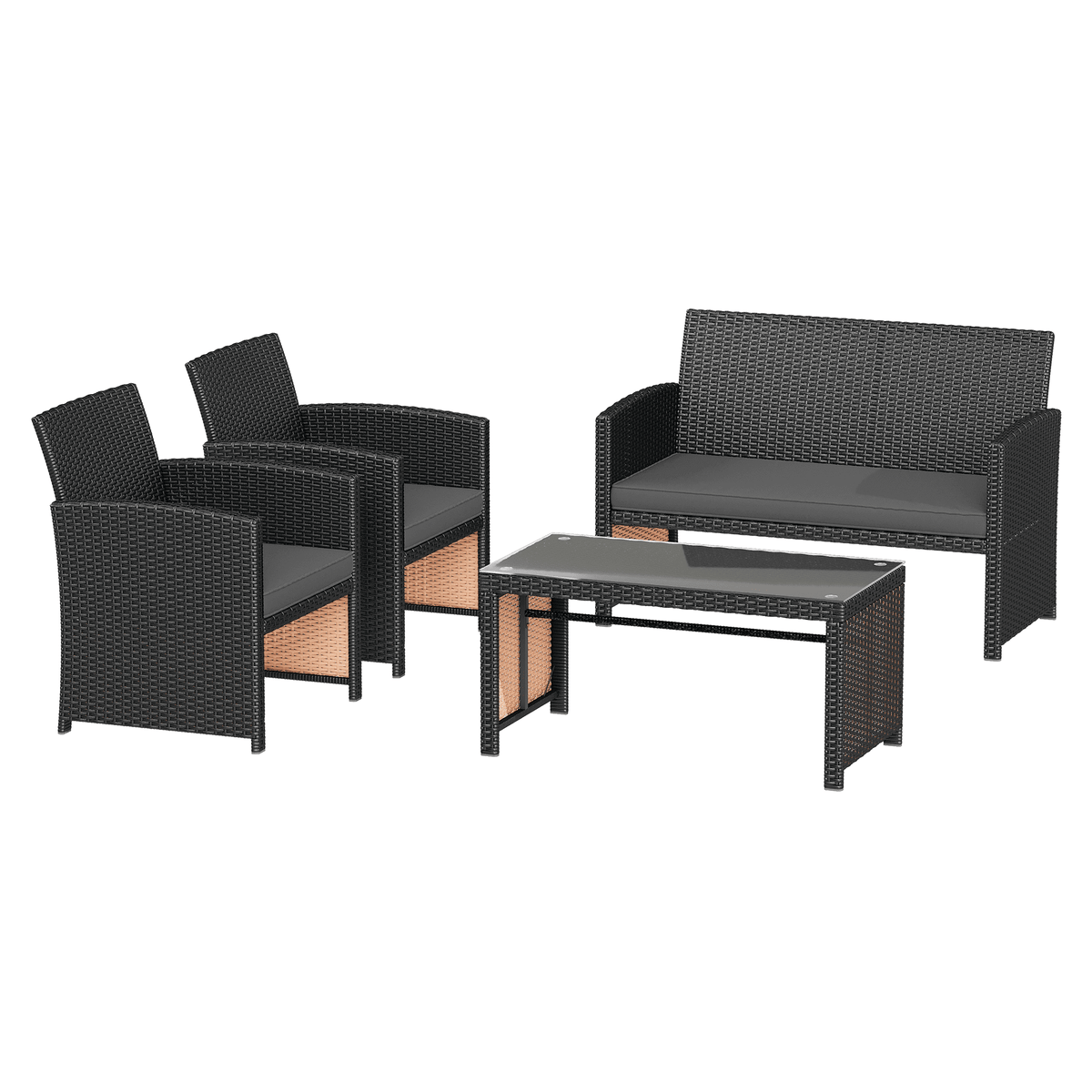 EROMMY 4-Piece Patio Furniture Set, Outdoor Wicker Patio Conversation Set with Cushions, Sofa & Glass Coffee Table, Gray
