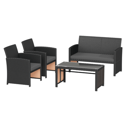 EROMMY 4-Piece Patio Furniture Set, Outdoor Wicker Patio Conversation Set with Cushions, Sofa & Glass Coffee Table, Gray