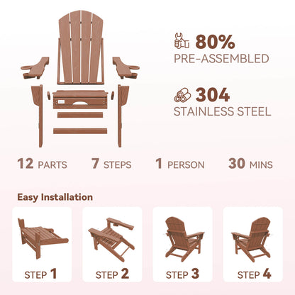 EROMMY 3-Level  Adjustable Adirondack Chair with Retractable Ottoman, Folding HDPE Outdoor Chair with Cup Holders, Teak