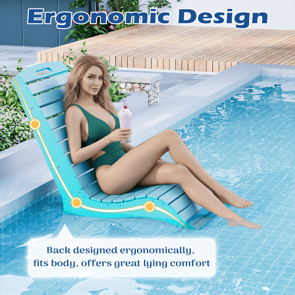 EROMMY Pool Lounge Chairs, HDPE S-Shaped Design with Wheels, Blue