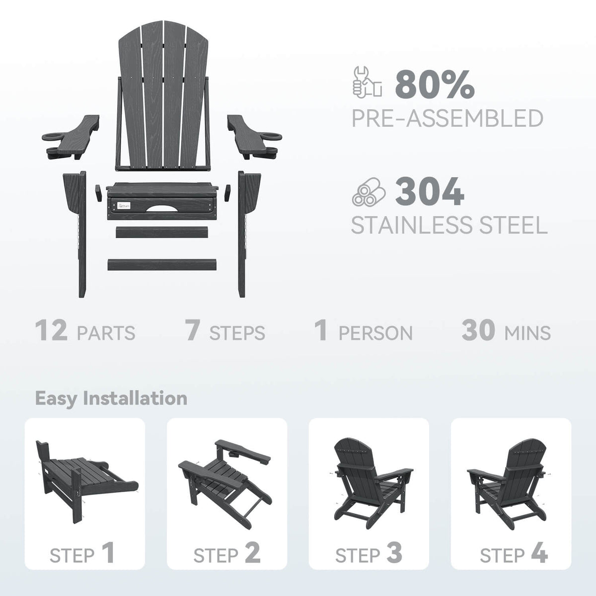 EROMMY 3-Level  Adjustable Adirondack Chair with Retractable Ottoman, Folding HDPE Outdoor Chair with Cup Holders, Gray
