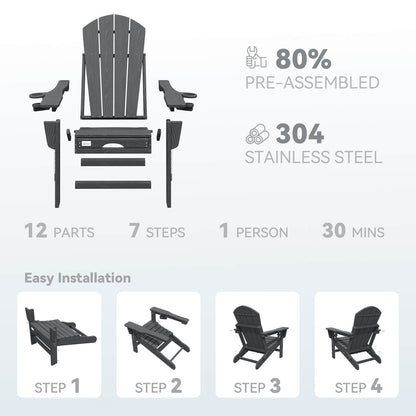 EROMMY 3-Level  Adjustable Adirondack Chair with Retractable Ottoman, Folding HDPE Outdoor Chair with Cup Holders, Gray