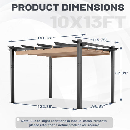 EROMMY Retractable Pergola 10x13 Ft, Outdoor Aluminum Shelter with Dual Adjustable Sun Shade Canopy for Patio Backyard, Locking System Includes Straps & Screws (Khaki)