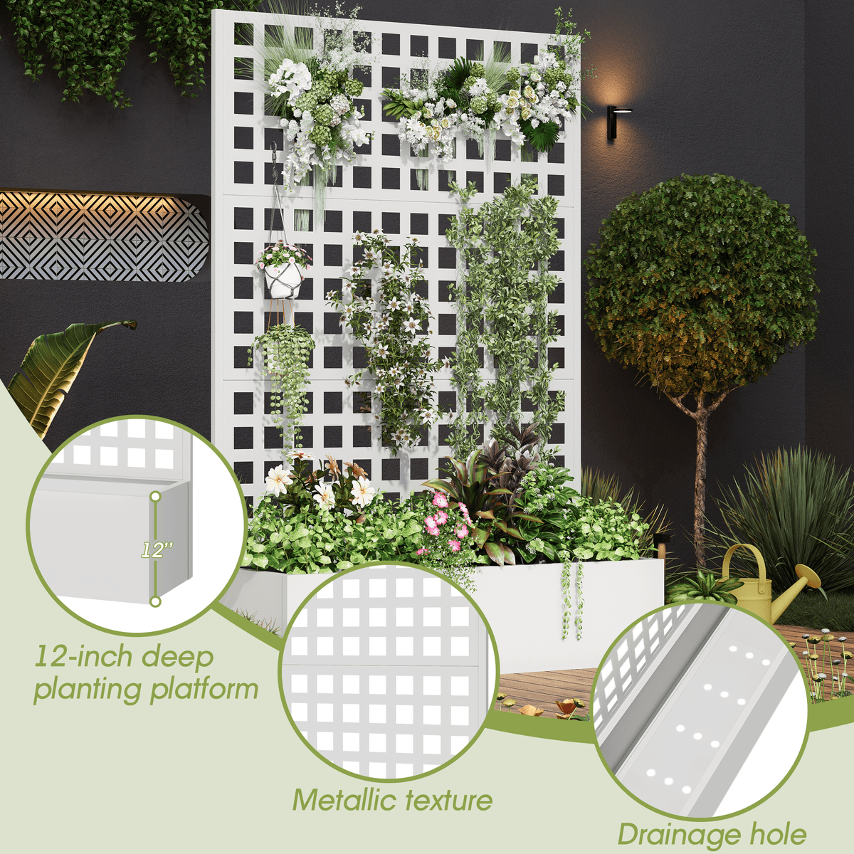 EROMMY Metal Planter Box with Trellis, 71"x 47"x 16" Raised Garden Bed with Trellis, Planter Box Trellis with Privacy Screen and Drainage Holes, White