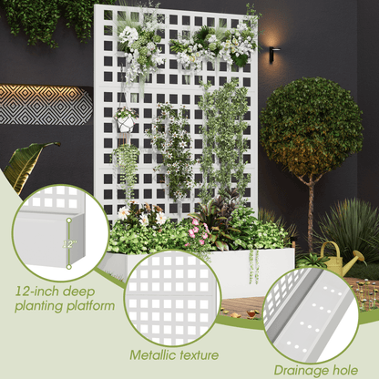 EROMMY Metal Planter Box with Trellis, 71"x 47"x 16" Raised Garden Bed with Trellis, Planter Box Trellis with Privacy Screen and Drainage Holes, White