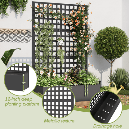 EROMMY Metal Planter Box with Trellis, 71"x 47"x 16" Raised Garden Bed, Planter Box Trellis with Privacy Screen and Drainage Holes, Black