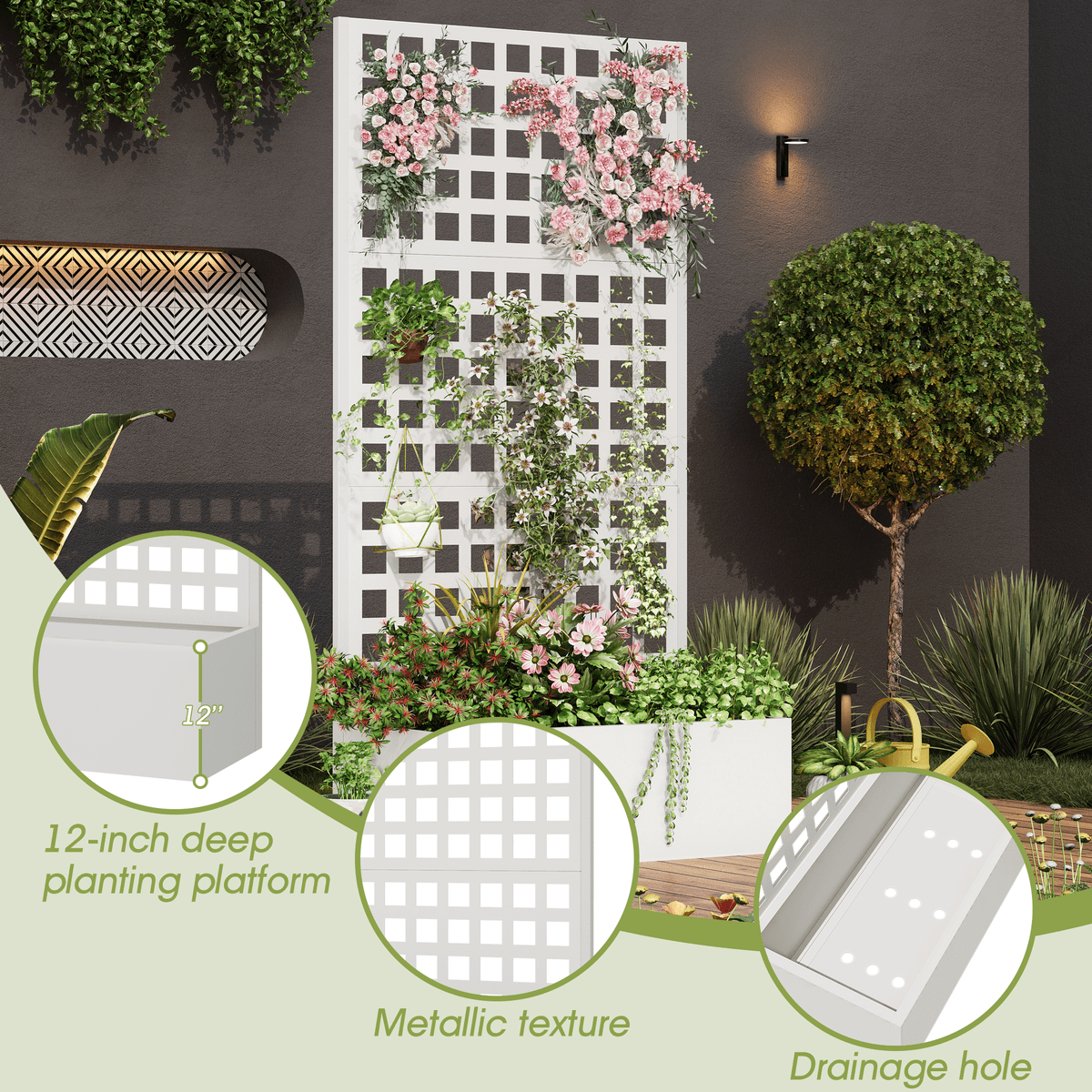 EROMMY Metal Planter Box with Trellis, 71"x 35"x 16" Raised Garden Bed with Trellis, Planter Box Trellis with Privacy Screen and Drainage Holes, White
