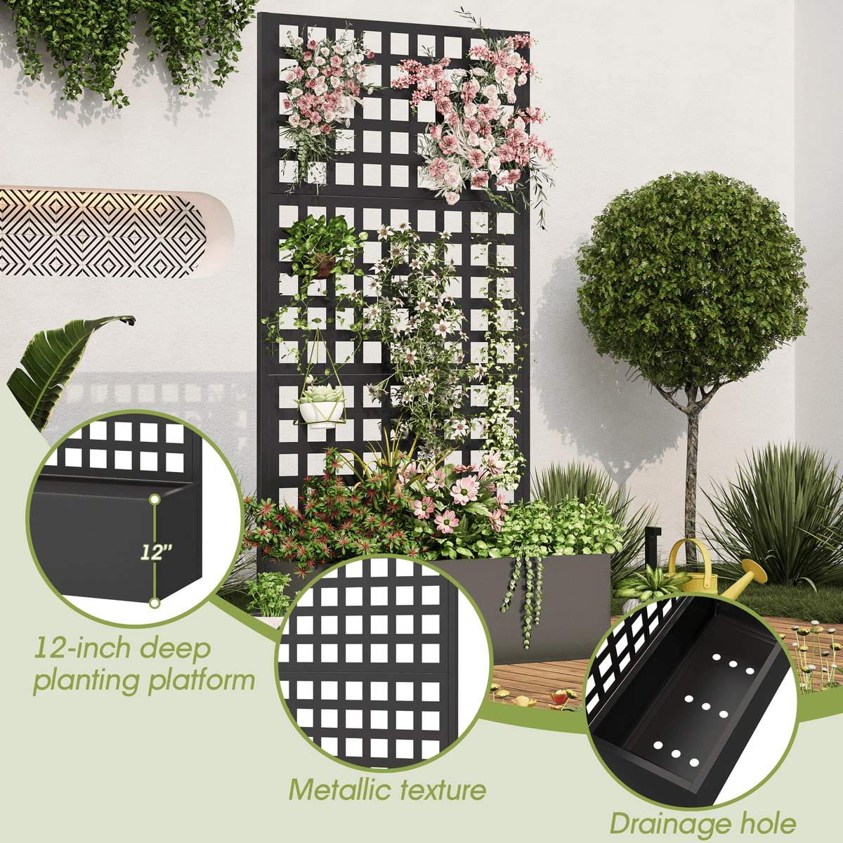 EROMMY Metal Planter Box with Trellis, 71"x 35"x 16" Raised Garden Bed with Trellis, Planter Box Trellis with Privacy Screen and Drainage Holes, Black