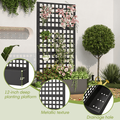 EROMMY Metal Planter Box with Trellis, 71"x 35"x 16" Raised Garden Bed with Trellis, Planter Box Trellis with Privacy Screen and Drainage Holes, Black