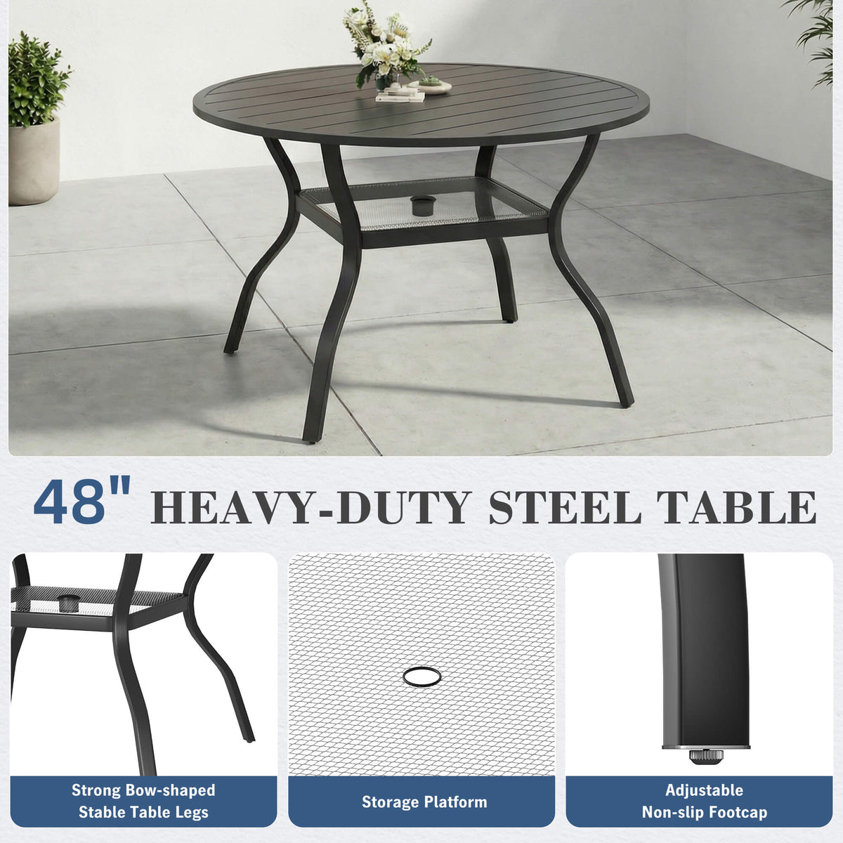 EROMMY 7-Piece Outdoor Patio Dining Set for 6, Round Metal Table with Umbrella Hole & Stackable Chairs