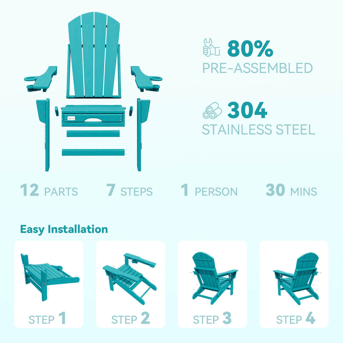 EROMMY 3-Level  Adjustable Adirondack Chair with Retractable Ottoman, Folding HDPE Outdoor Chair with Cup Holders, Aruba Blue
