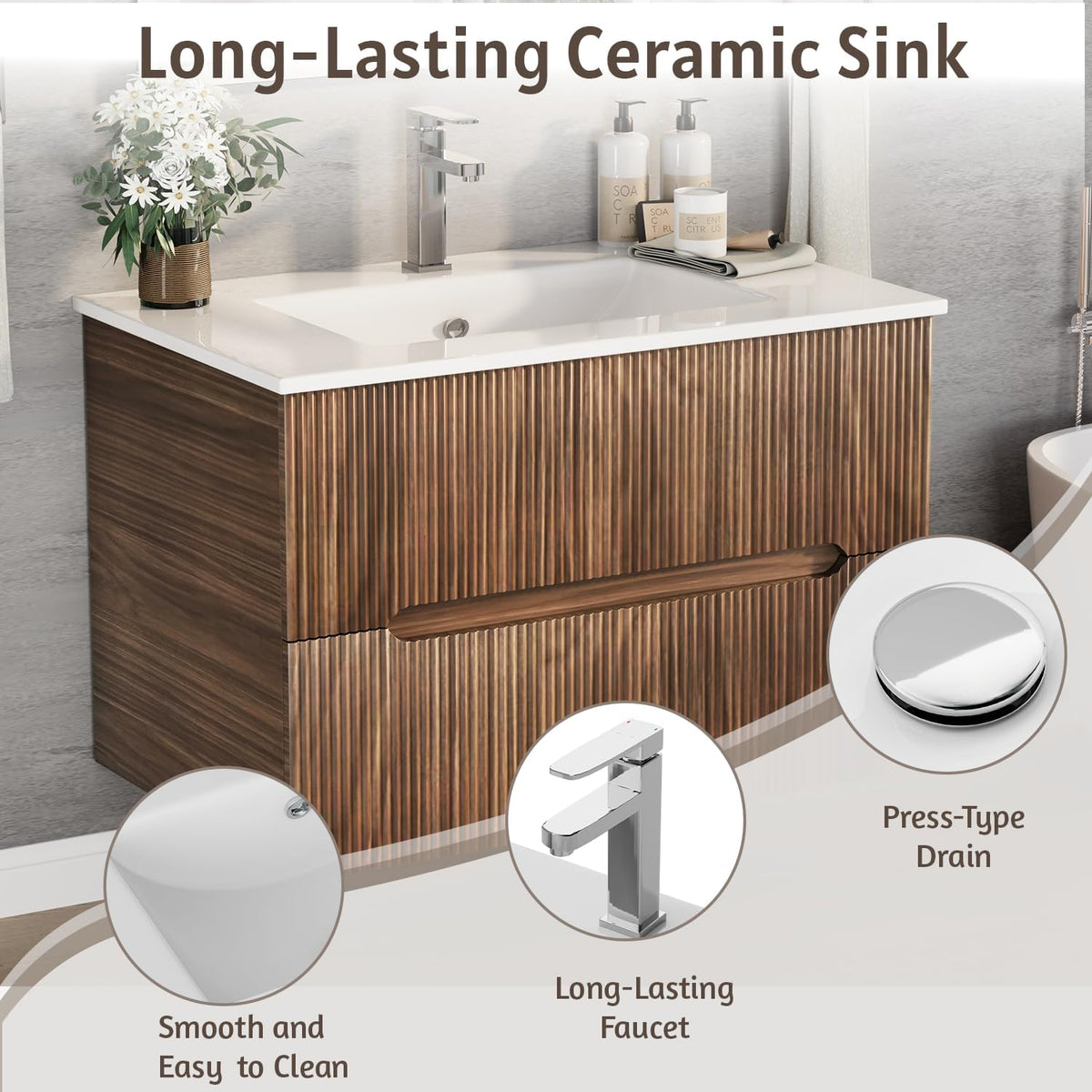 EROMMY 30 Inch Bathroom Vanity with Sink, Floating Bathroom Vanity with Ceramic Basin, Wall Mounted Bathroom Sink Cabinet Set with Soft-Close 2 Drawers, Faucet & Pop Up Drain, Walnut