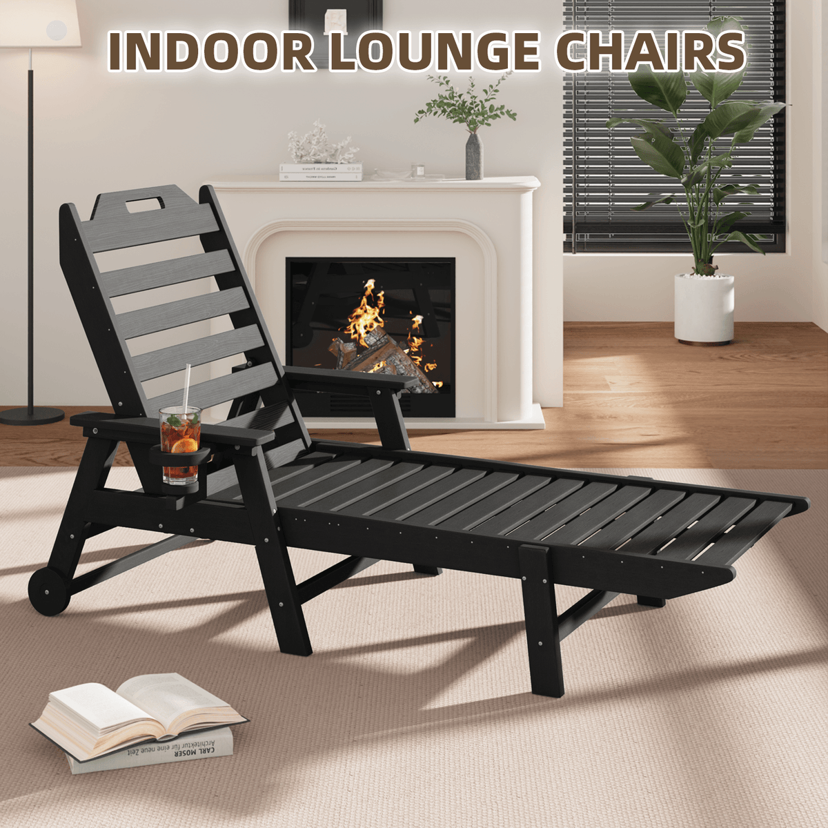EROMMY 22" W Oversized Chaise Lounge Chairs, Adjustable HDPE Outdoor Chairs with Wheels & Cup Holder, Black
