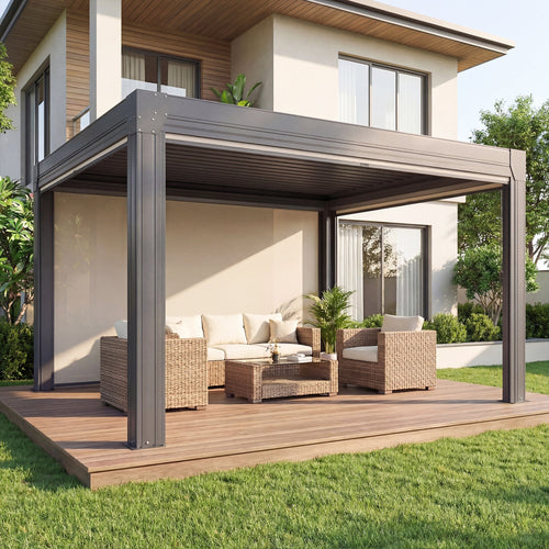 EROMMY 10' x 12' Louvered Pergola with Pull-Down Screens, Aluminum Outdoor Pergola with Retractable Roof for Patios, Decks & Backyards, Black