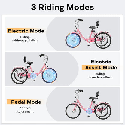 EROMMY Electric Trike for Adults,Peak 500W Brushless Motor, E-Trike with 24" x 2" Tires, Removable Battery, Charger,Step-Thru 3-Wheel Electric Bicycle, Up to 55 Miles Range, 15.5MPH+ Speed, Pink