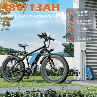 EROMMY Electric Bike for Adults,1500W Peak Motor, 26" Fat Tire E-Bike with 48V 13AH Battery, 25MPH Max 62 Miles Electric Motorcycle, 7-Speed Electric Mountain Bicycle