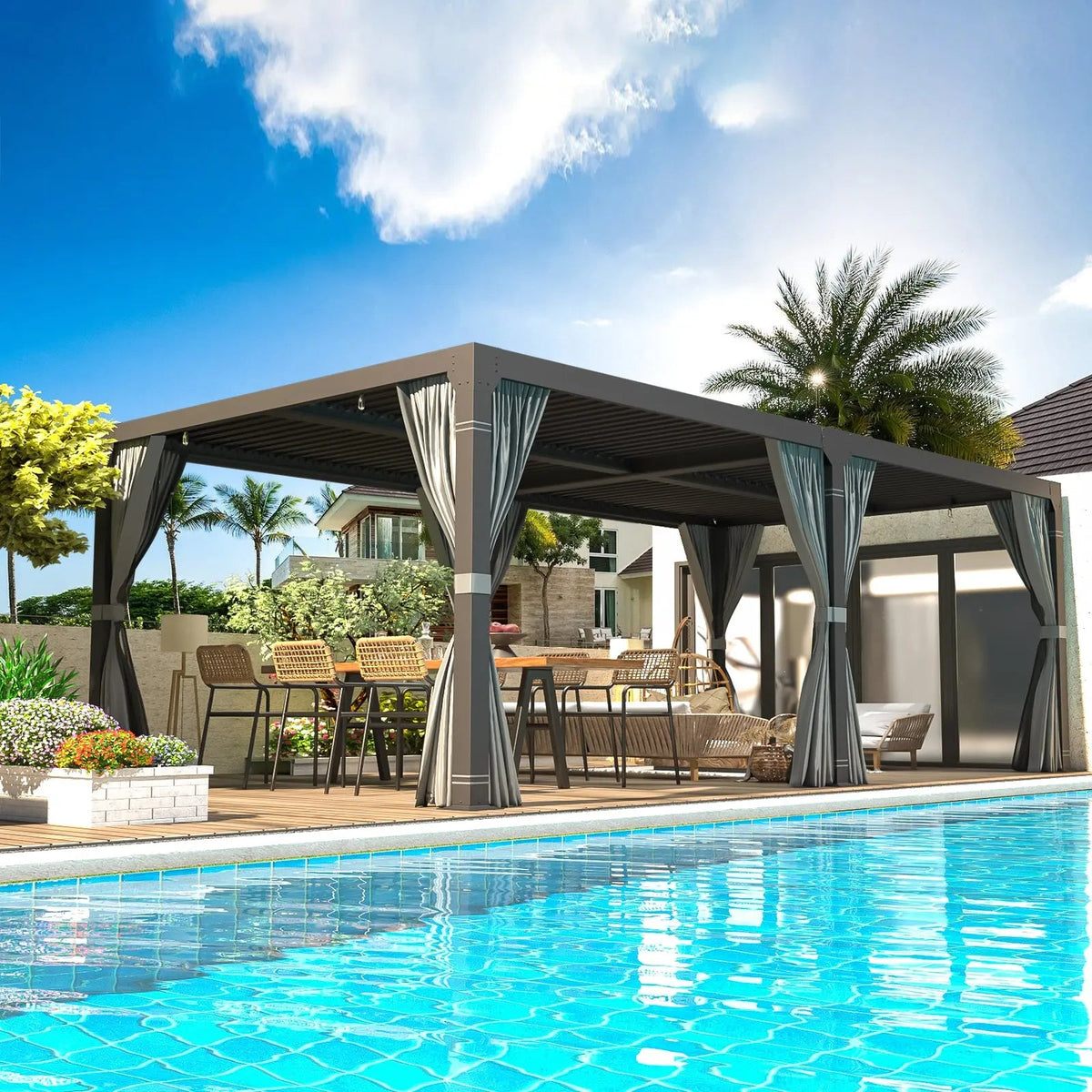 EROMMY 10x20 Metal Louvered Pergola with Outdoor Curtains, Dark Grey