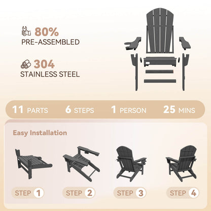 EROMMY 3-Position Adjustable Adirondack Chairs Set of 2, 400LBS HDPE Folding Outdoor Chairs with Cup Holder, Gray