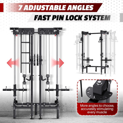 EROMMY Folding Squat Rack, Wall Mounted Power Rack with Cable Crossover Machine & LAT Pull Down Multi-Function Space-Saving Power Cage, Black